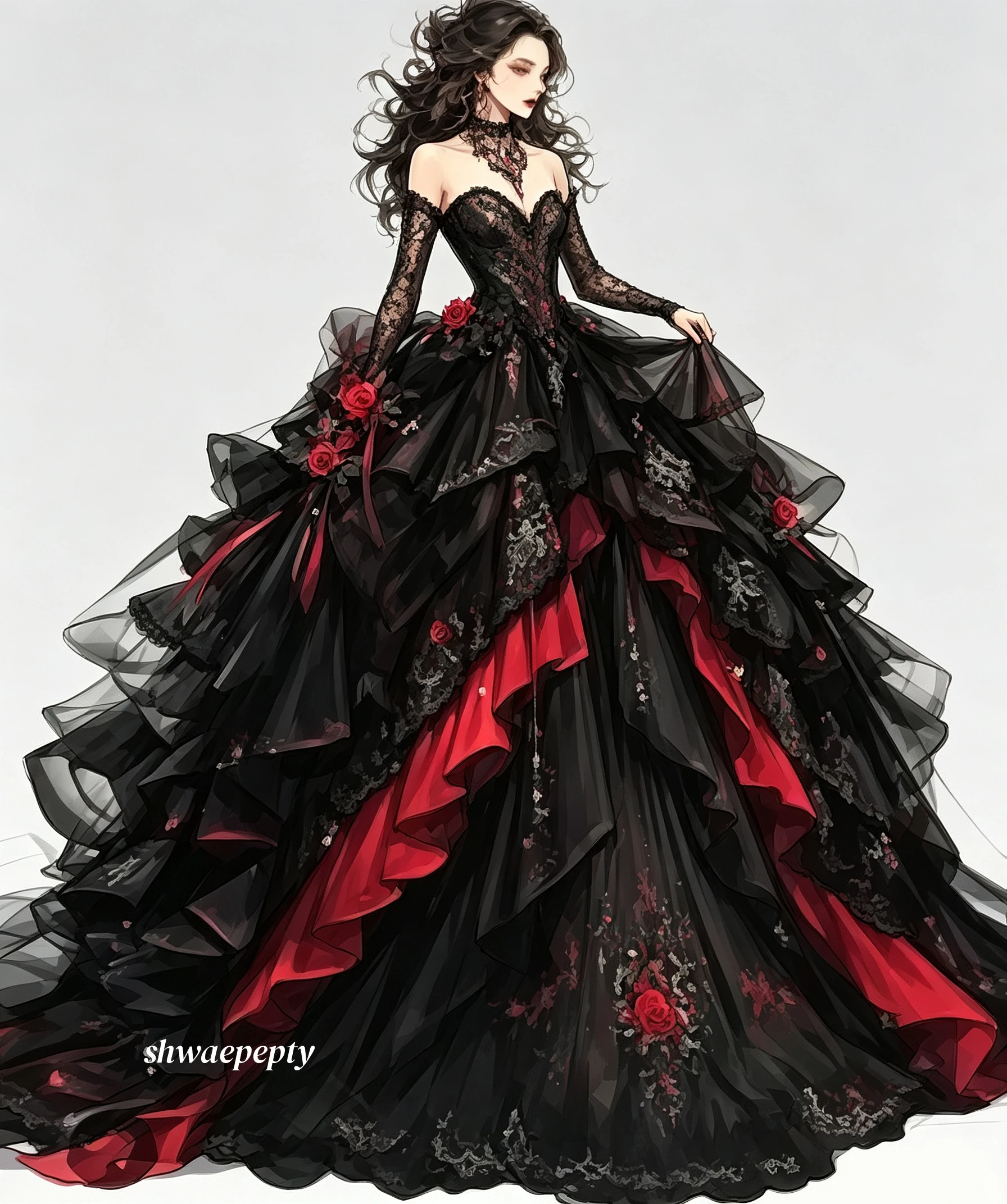 Black And Red Gothic Wedding Dress Ruffles Tiered Ball Gown Corset Bride Dress Cosplay Masquerade Halloween Costume Customized