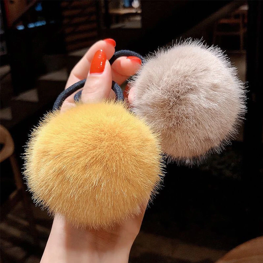 Autumn Women Pompom Plush Hairband Imitation Rabbit Fur Hair Accessories Ponytail Holder Pompom Rubber Band Plush Hair Rope