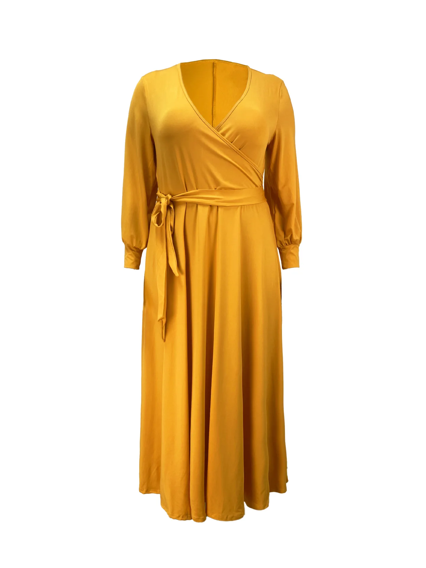 Fall Winter Elegant Comfortable V-neck Long Dress with Belt Full Sleeves Casual Maxi Dresses Plus Size Clothing