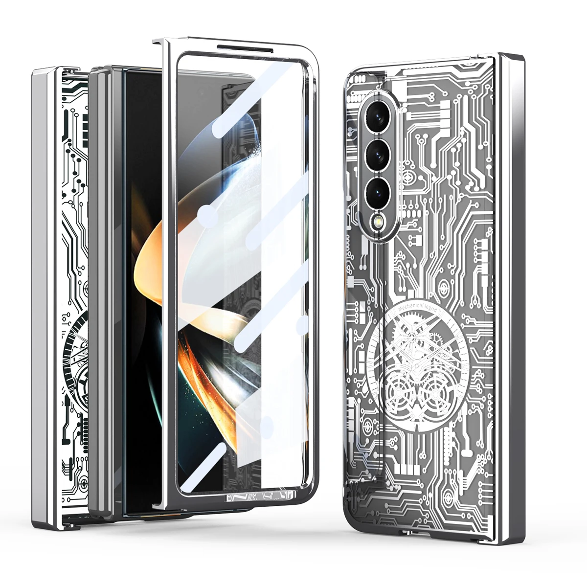 For Samsung Galaxy Z Fold 4 3 Case Electroplated Transparent Mechanical Pattern Folding Hinge With Tempered Film Shockproof Case