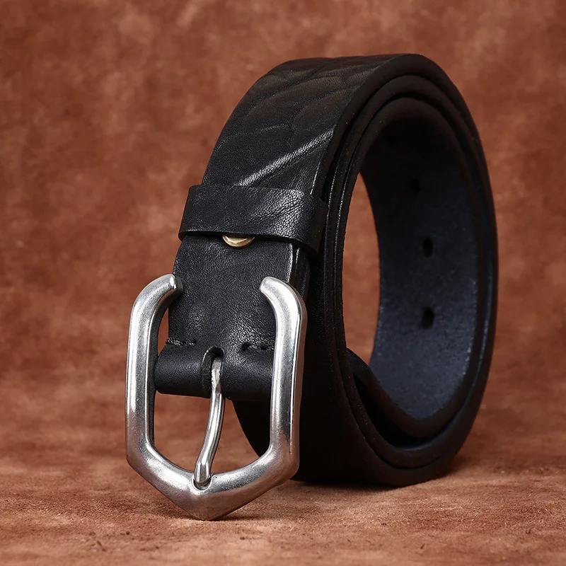 3.8cm Thickened Leather Pattern Retro Coarse Grain Belt Men Genuine Leather First Layer Cowhide Tree Pattern Denim Belt Men
