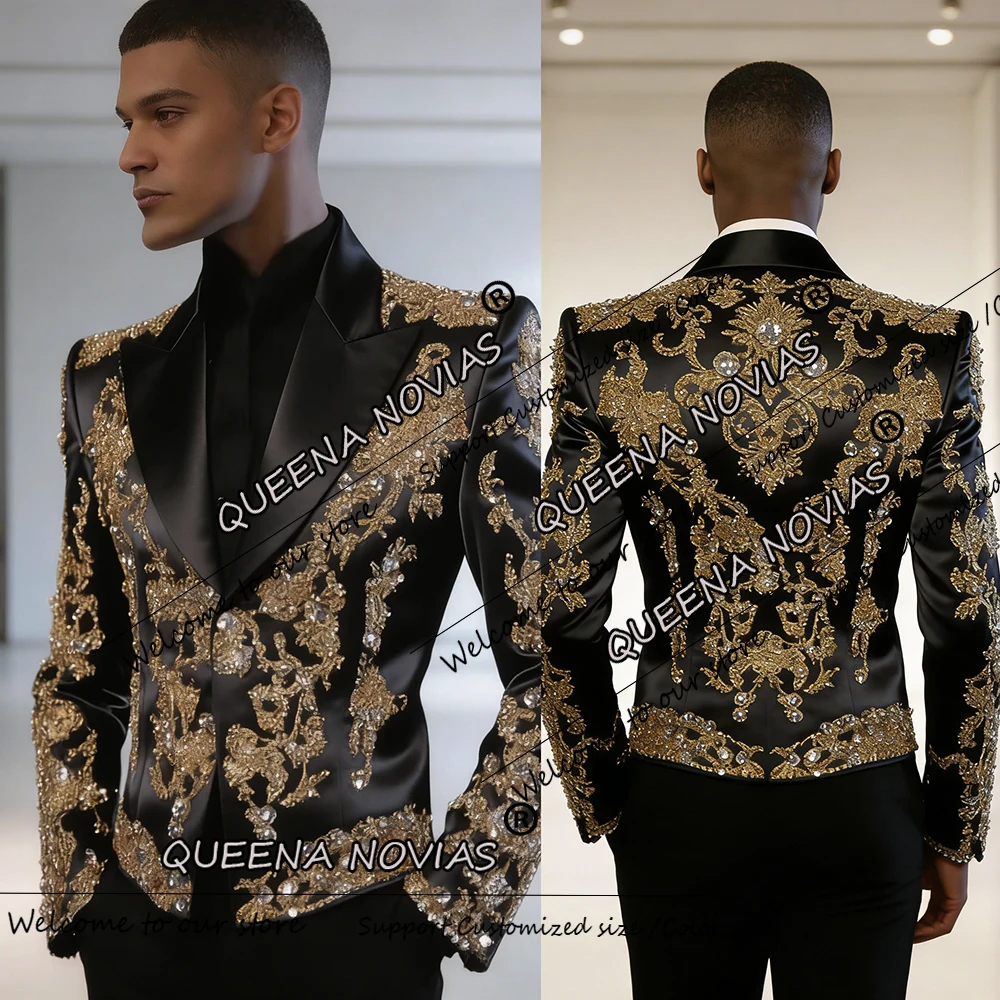 Customized Crystals Beaded Suits Men 2 Piece Set Unique Design Jacket Pants Slim Fit Banquet Man Wedding Tuxedos Outfits 2026