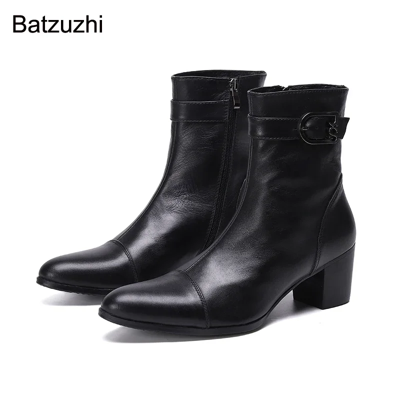 

Batzuzhi 2021 Men Boots Pointed Toe Black Genuine Leather Ankle Boots Men Zip 7CM High Heels Handsome Botas Hombre Party/Wedding