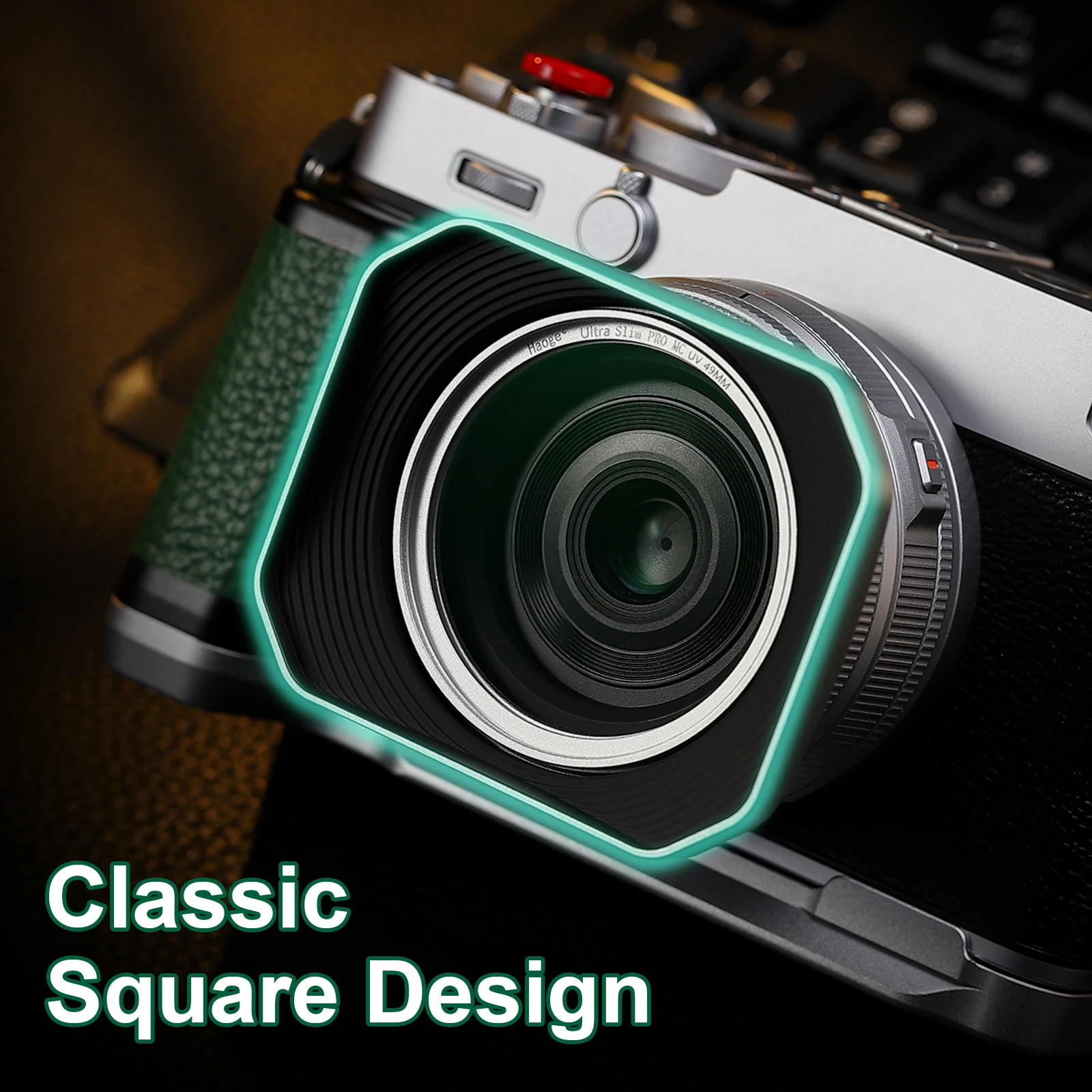 غطاء عدسة Haoge Squaret المعدني لعدسات Fujifilm XF23mm F2.8 وFuji XF27mmF2.8 R WR، مع غطاء معدني على جسم XE5 Cemera فضي