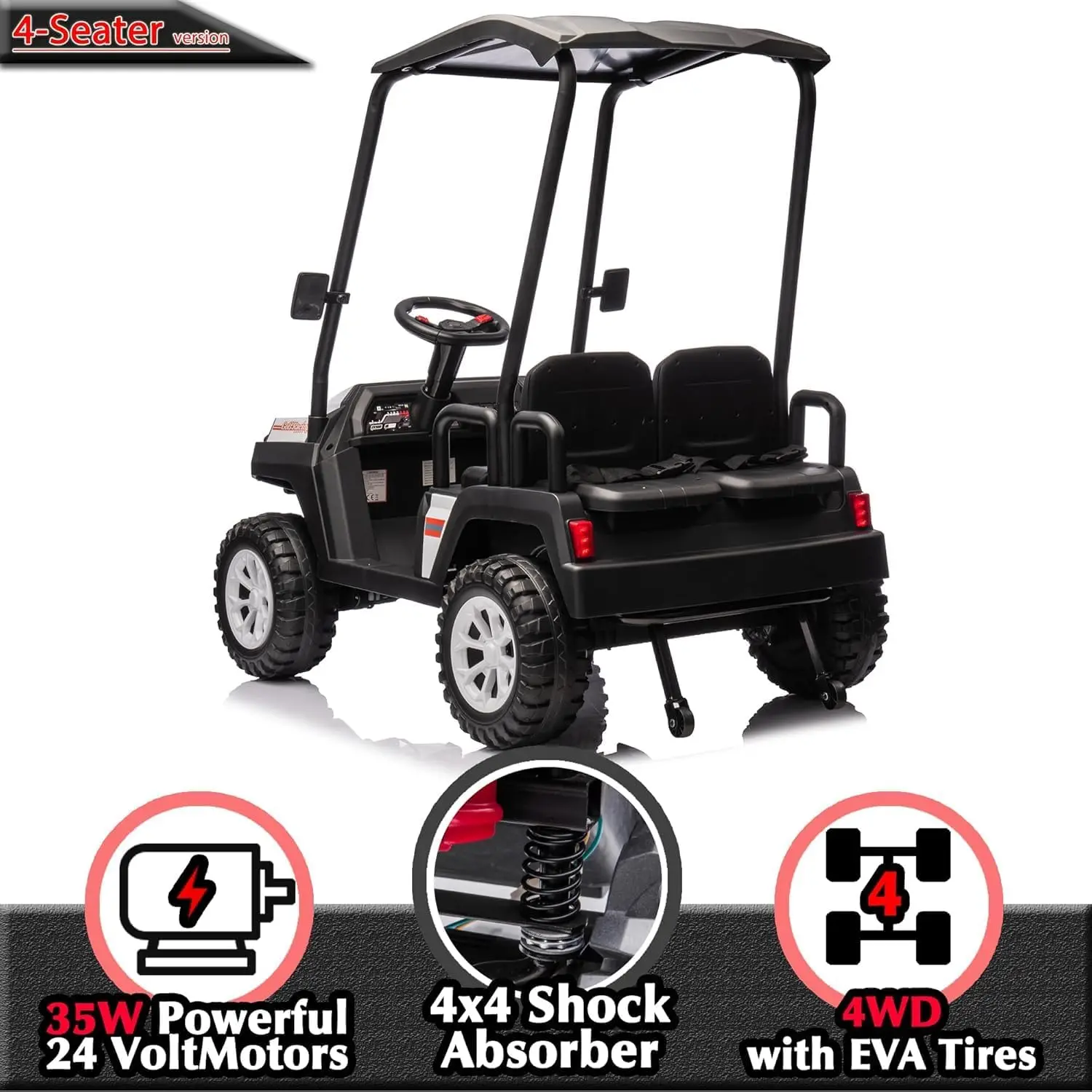 24V Ride On Car with Remote Control 4 Seater Golf Cart 4x4 Electric Ride On Toys for Big Kids Boys Girls, Plastic Roof, EVA Tire