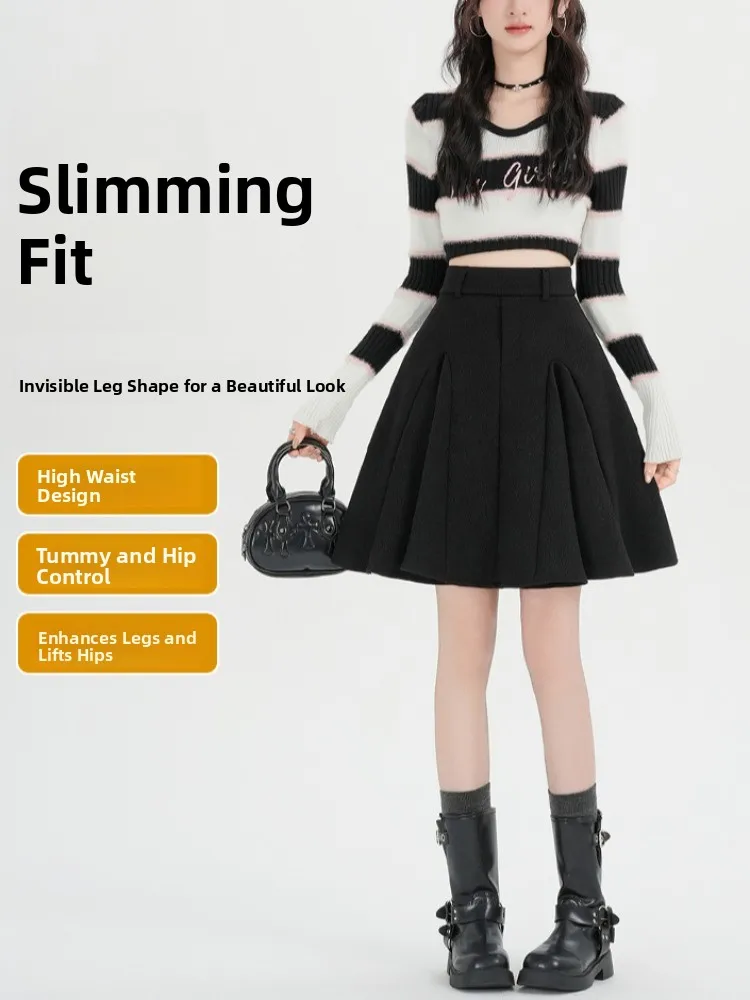 Bloemen Wollen A-lijn Rok Dames Herfst Winter Verdikte Kanten Zoom Hoge Taille Die Heup Afslanken Paraplu Rok