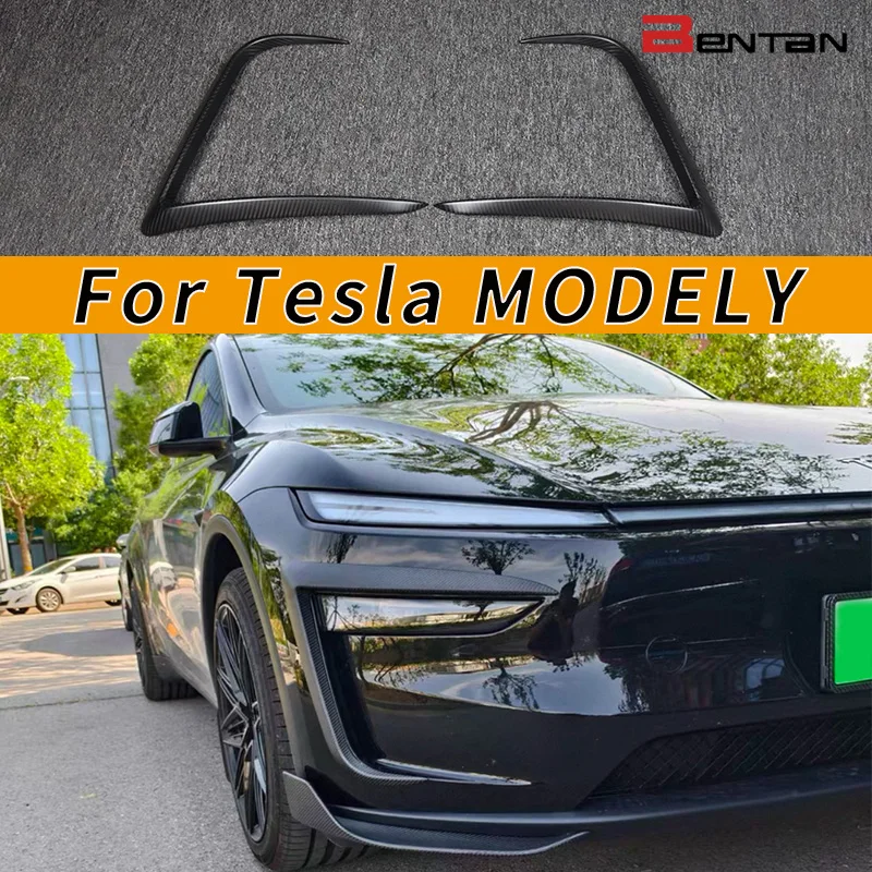 

For Tesla Model Y Highland 2024 True Carbon Fiber Front Bumper Cover Fog Light Eyebrow Spoiler Blade Sticker Decoration
