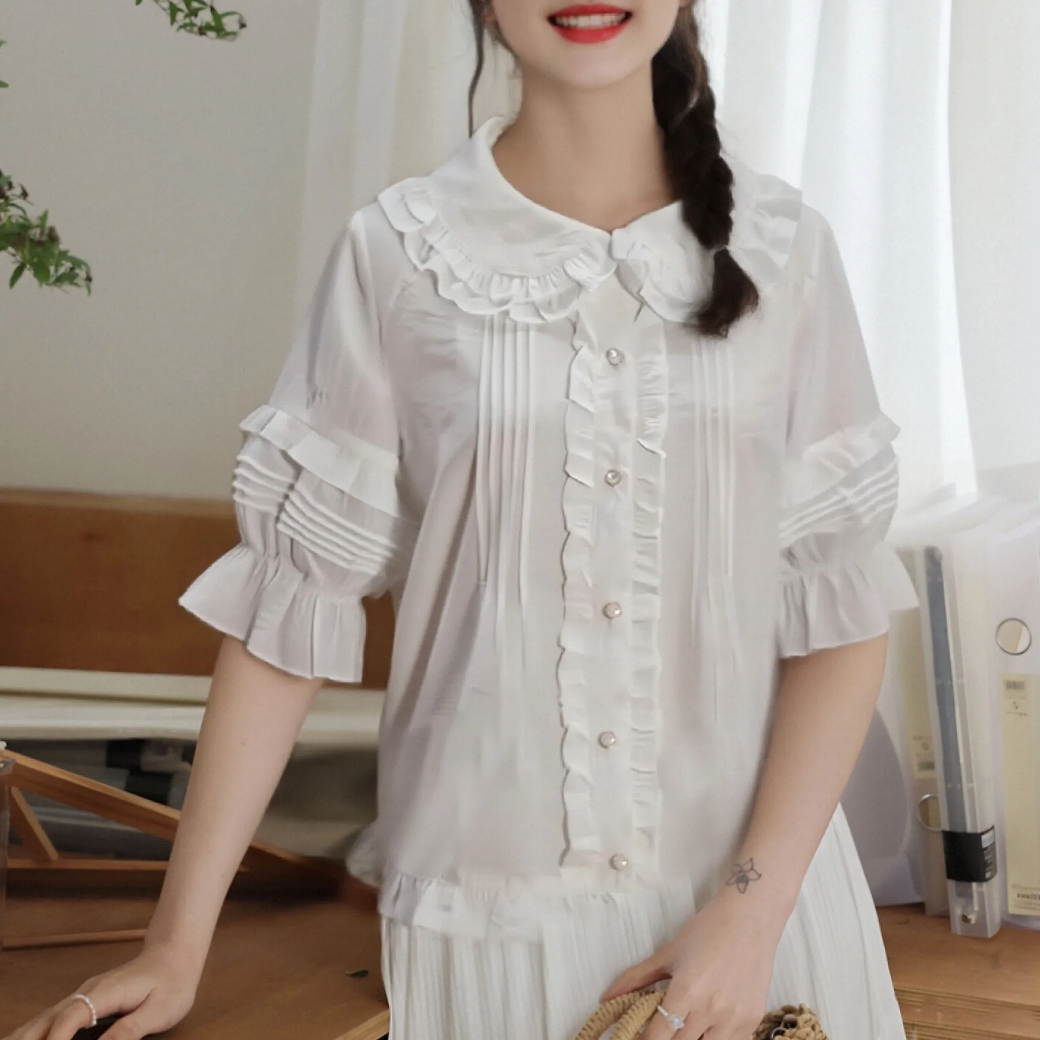 Peter Pan Collar Lolita Kawaii Solid Pink White Women Shirt Japanese Single Breasted Sweet Blouse Aesthetic Ruffled Loose Blouse