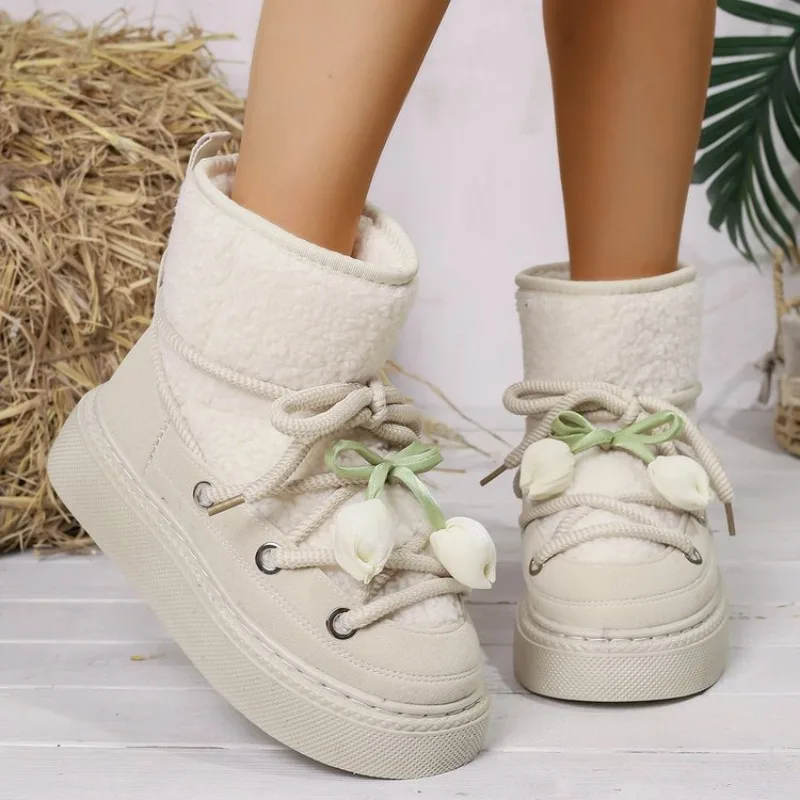 Women's Ankle Boots Round Toe Flat Platform Fuzzy Upper Lace-Up Decorative Flower Bow Metal Eyelets Textured and Stable Outsoles