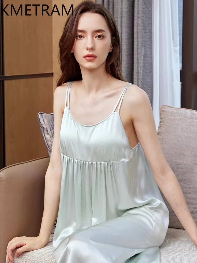 KMETRAM 19MM 100% mulberry silk Night Dress Sexy Built-in Bra Nightgowns Long Slip Dresses Summer Sleepwear Women Clothing 2026