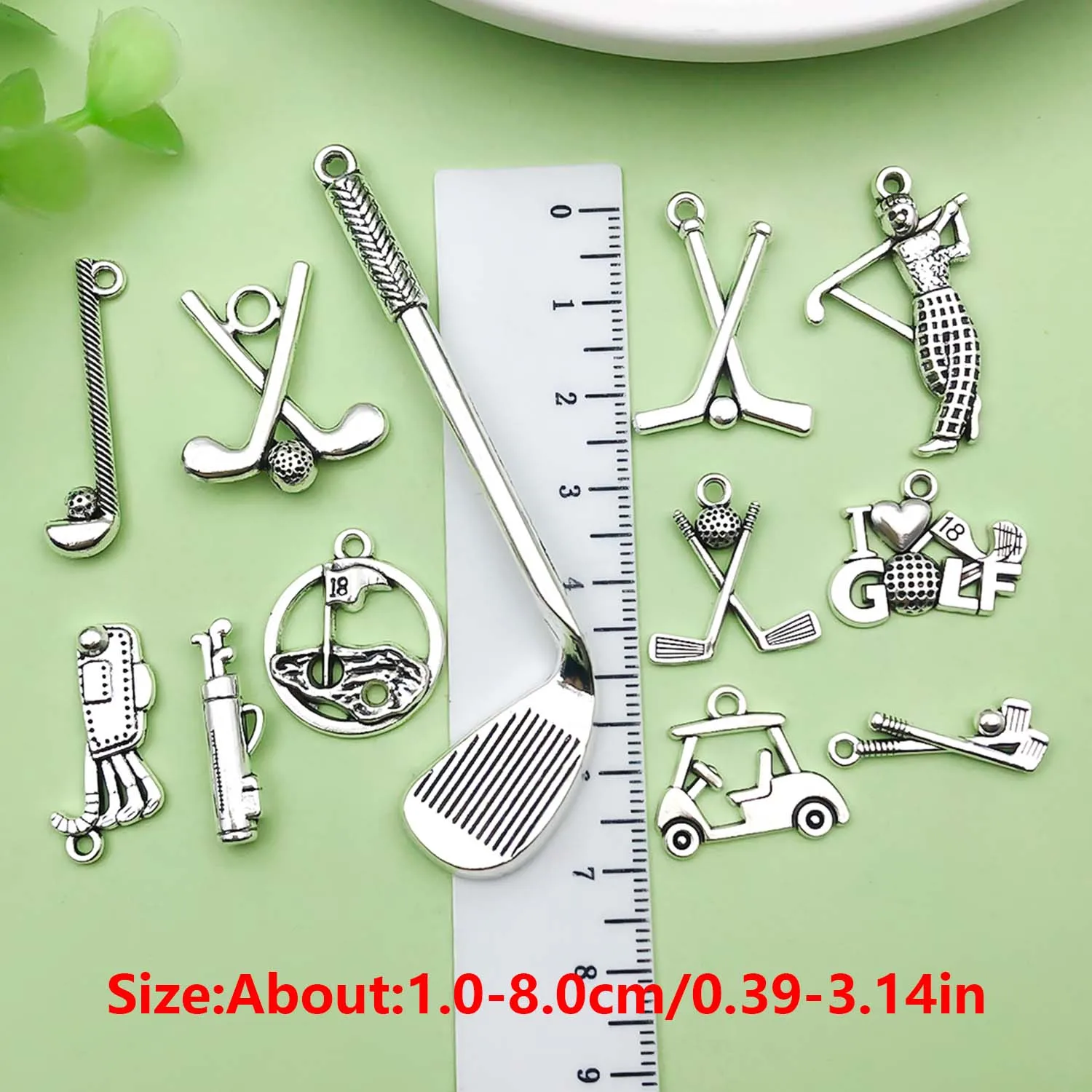 10/12pcs Sports Golf Ball Charms Alloy Clubs, Buckets, Players Pendants for DIY Bracelets Necklaces Jewelry Making Accessories