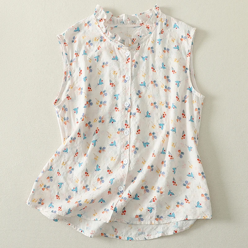 

Summer New plus Size Women's Shirt Cotton Linen Sleeveless Printed Outerwear Top Commute Style Loose Fit Lightweight Thin