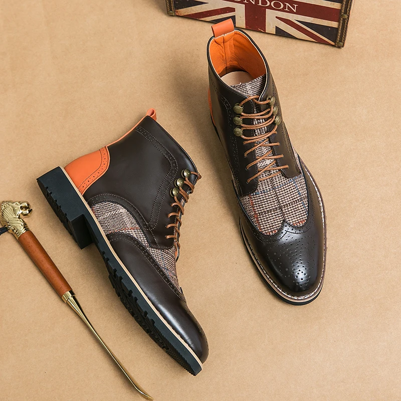 New Block Men Short Boots Gingham Lace-up Square Toe Ankle Strap Handmade Men Ankle Boots Botas De Hombre