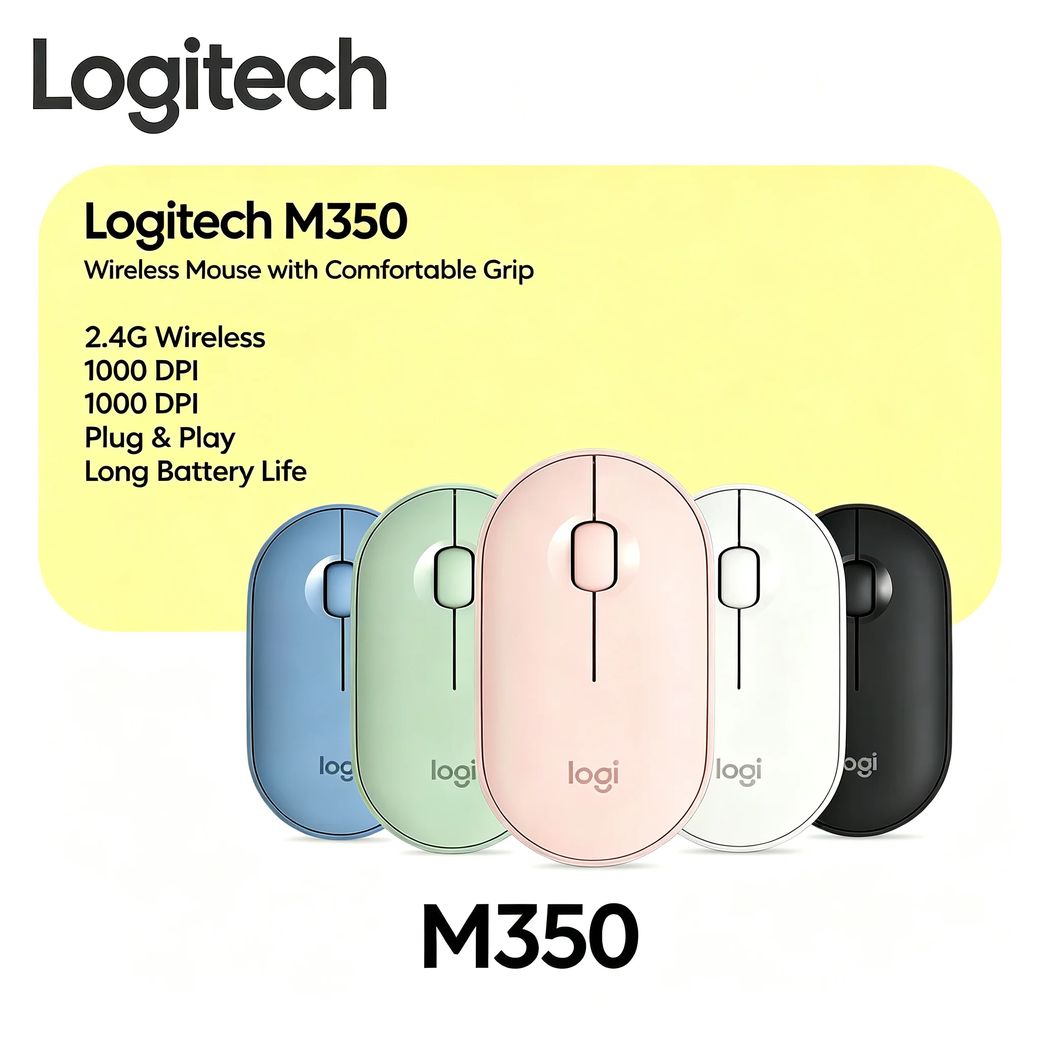Logitech M350 Pebble Wireless Mouse Multi-Device Connection Quiet Scroll Portable Computer Mice