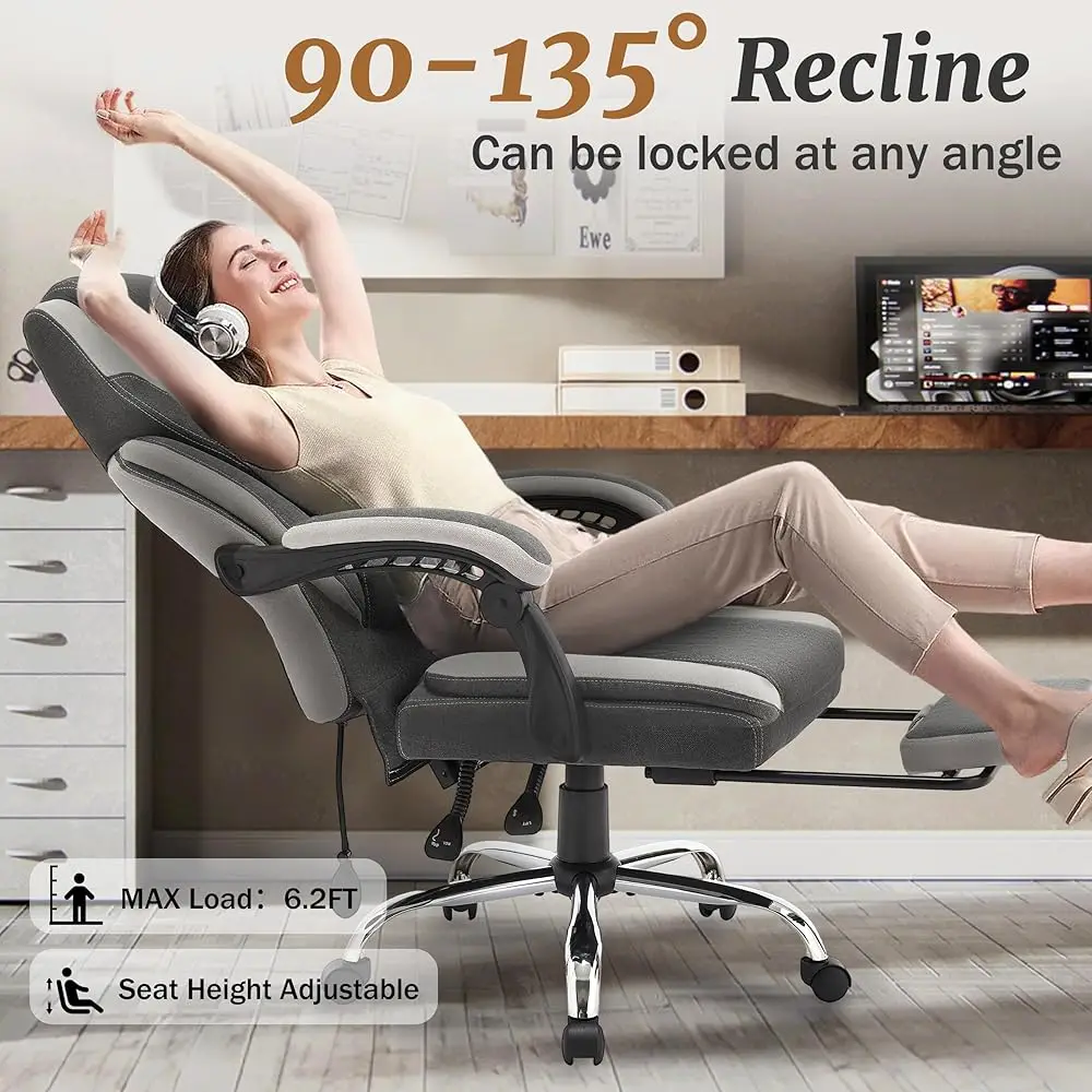 Big And Tall Fabric Office Chair 400Lbs With Foot Rest & Adjustable Lumbar Support, Ergonomic Executive Desk Chair, Reclining