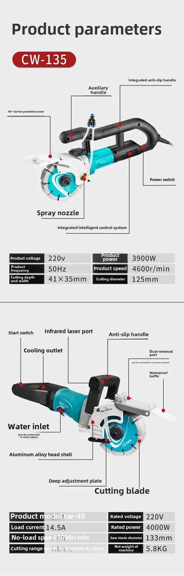 Brushless slotting machine Water and electricity installation One-time forming wall slotting High-power slotting cutting machine