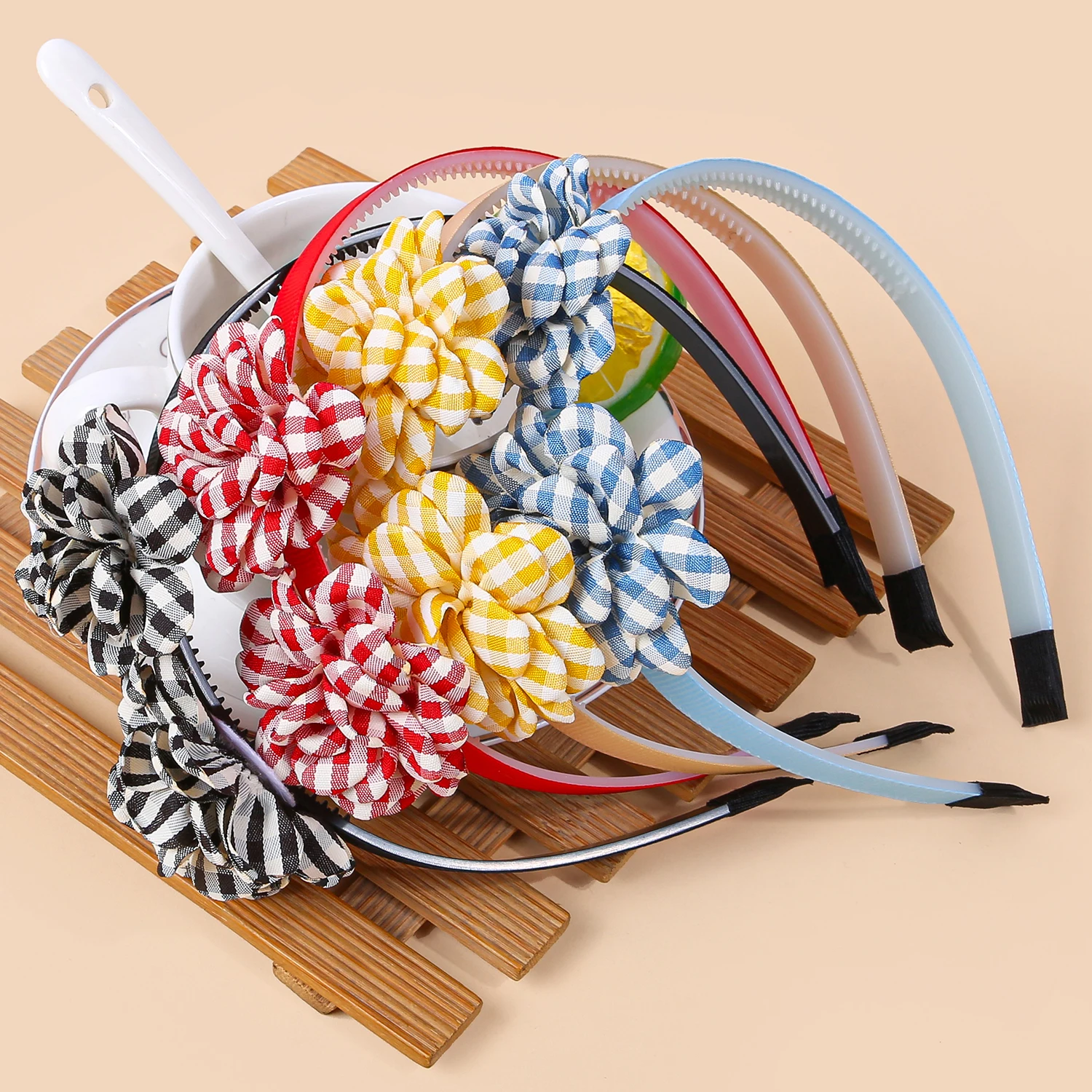 

4 шт., повязки на голову с цветочным принтом в клетку, пластиковые повязки для волос с зубами, повязки на голову для девочек, детские аксессуары для волос