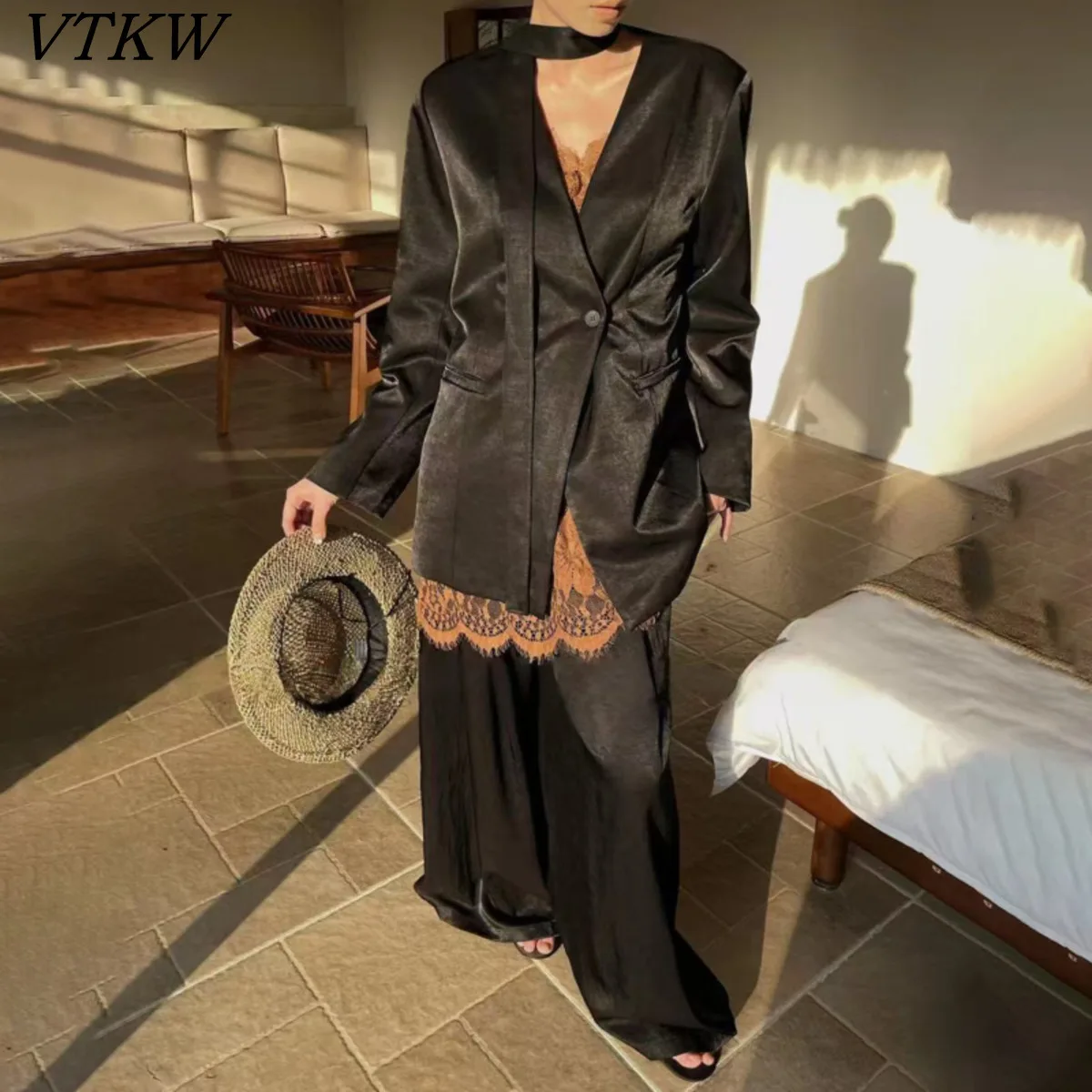 

VTKW 2026 New Women Two Piece Suit Collarless Blazer Detachable Neck Strap Double Breasted Wide Leg Trousers Office Outfit