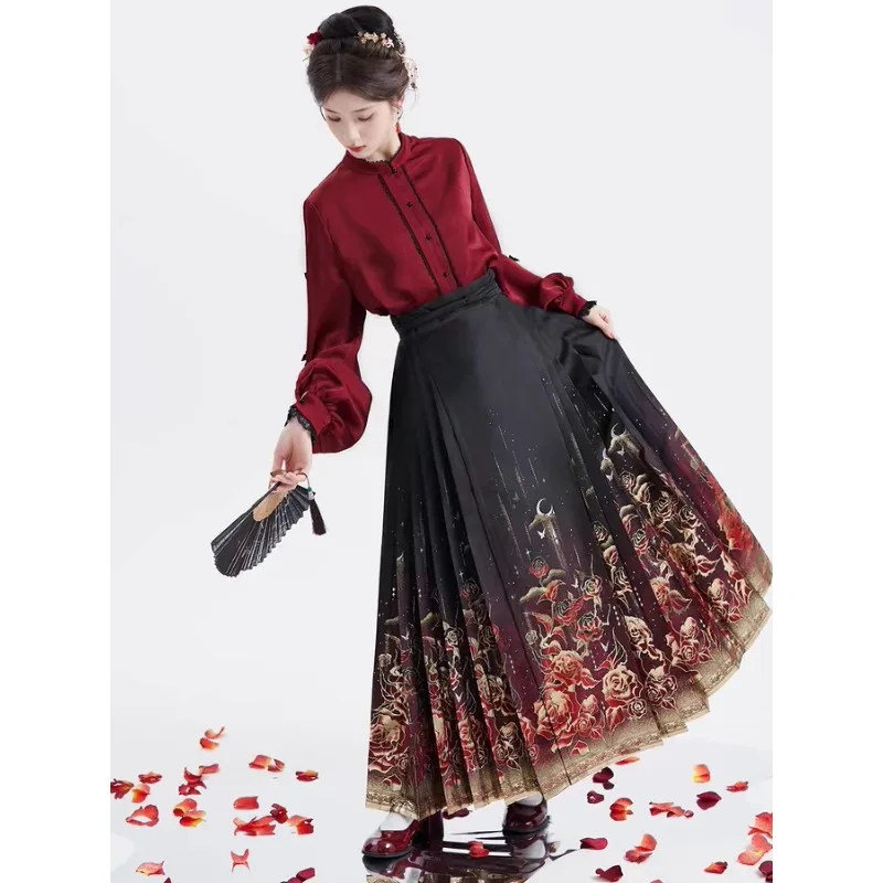 2026 new gilt rose embroidered horse dress set, spring and autumn weaving gold new Chinese hanfu national style two-piece set