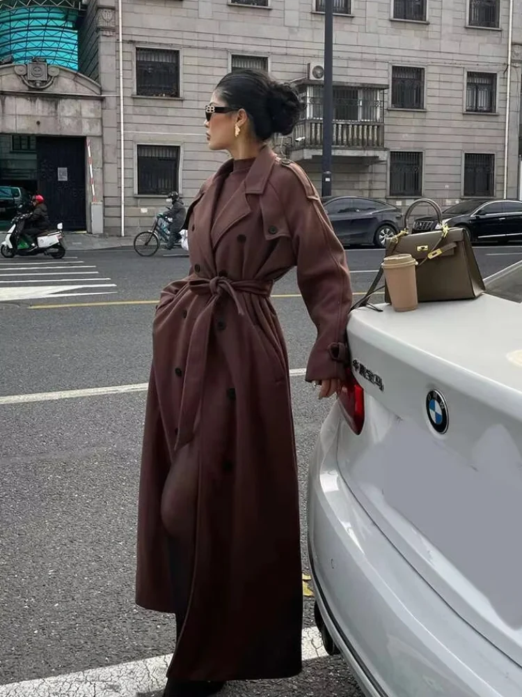 

Vintage Full Sleeve Long Coat Women Casual Lapel Double-breasted Loose Overcoat With Belt New Winter Autumn Female Streetwear