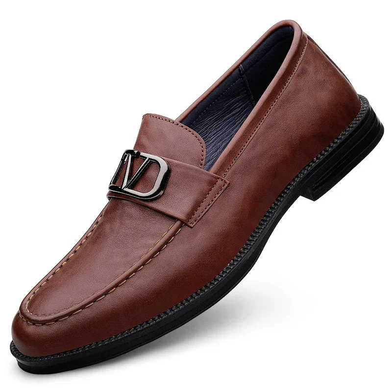 Luxury Shoes Men's Leather Loafers Genuine Leather Classic Slip-On Dress Shoes with Metal Buckle Italy Brand