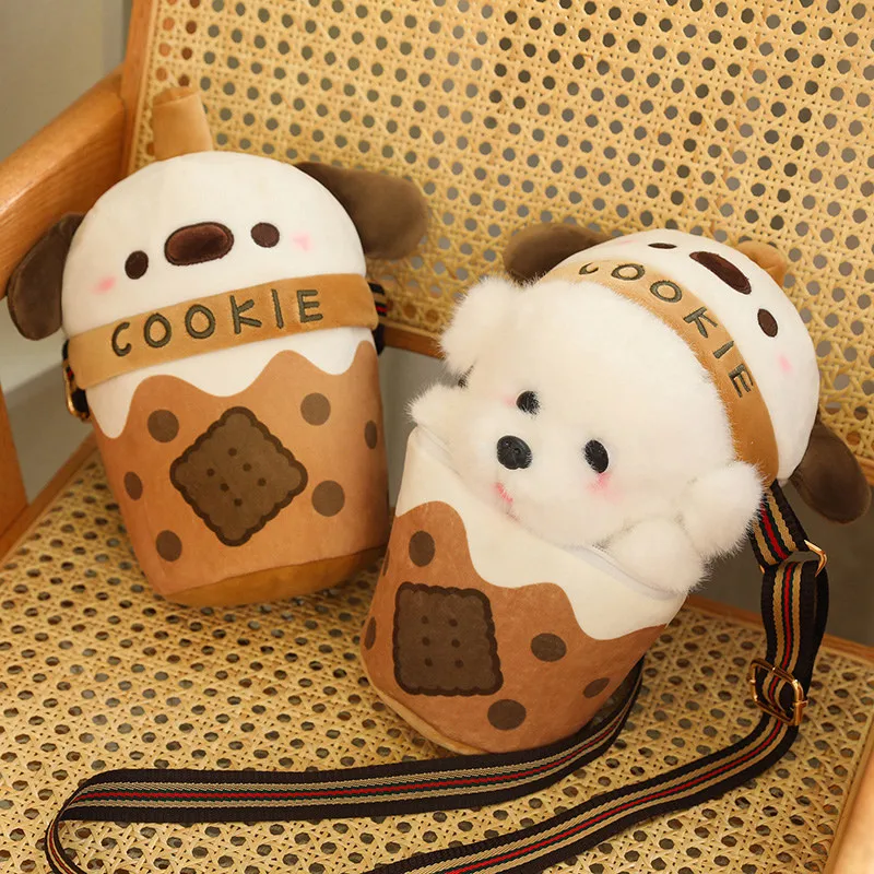 25cm 22cm Cute Milk Tea Cup Dog Doll Shoulder Bag Plush Toy Little Bomei Doll Children'S Birthday Couple Gift Backpack Design