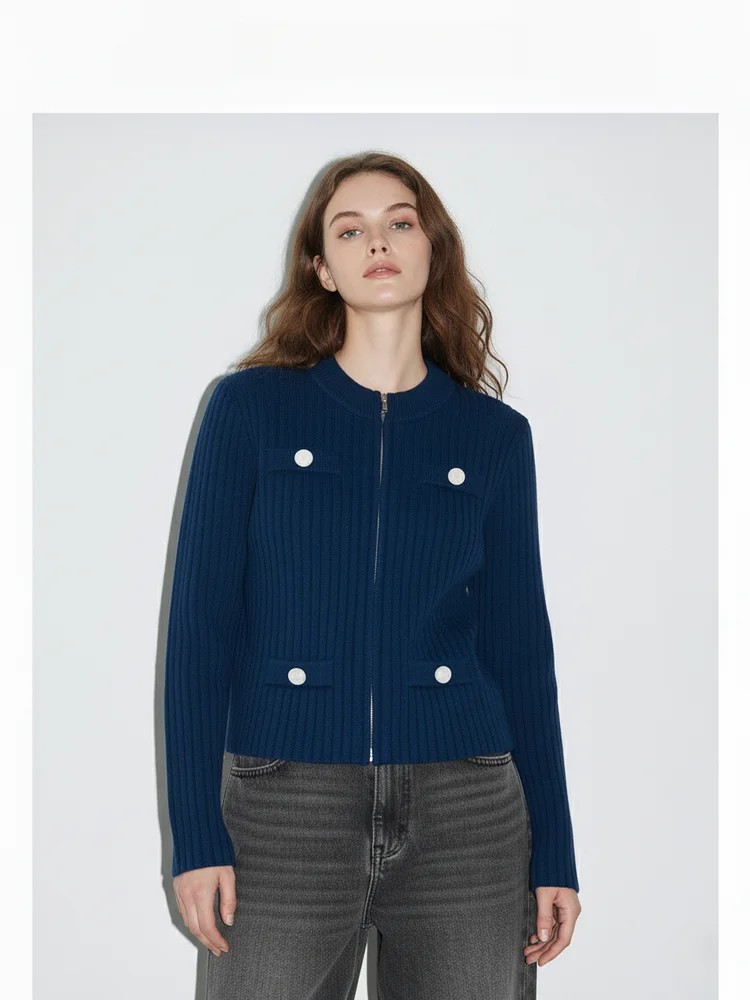 

ACOUSOTG Retro Knitted Cardigan Autumn Winter Commute Sle round Ne Striped Zipper Woolen Women's ort Length Knitwear