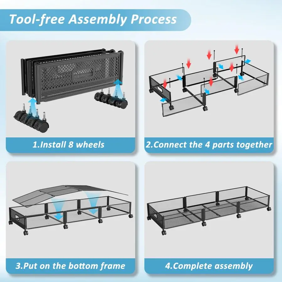 Bed Storage with Wheels 47.2L 57.6L Large Rolling Under Bed Storage, Metal Underbed Containers on Wheels, ToolFree Assembly Fold