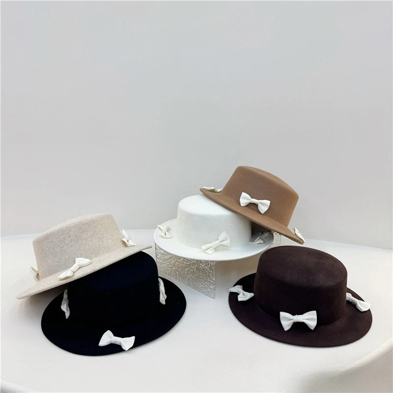 French Exquisite Fashionable Small Bow Wool Flat-top Hat New Autumn Winter Ladies Cute Playful Suitable Elegant Fashion Hat