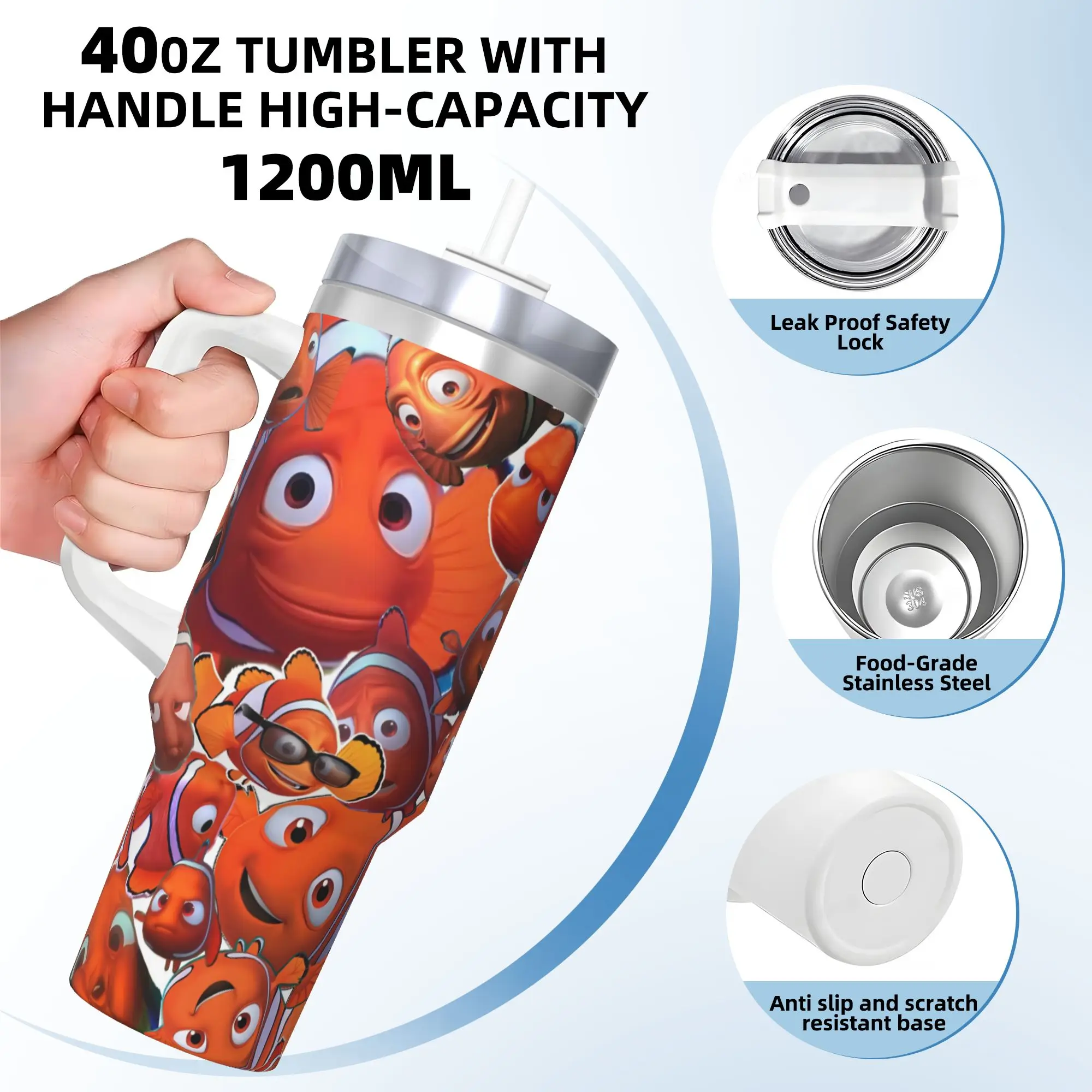 Custom Kawaii Finding Nemos Stainless Steel Tumbler Coffee Mug With Straws and Lid Large Capacity Car Mugs Drink Water Bottle