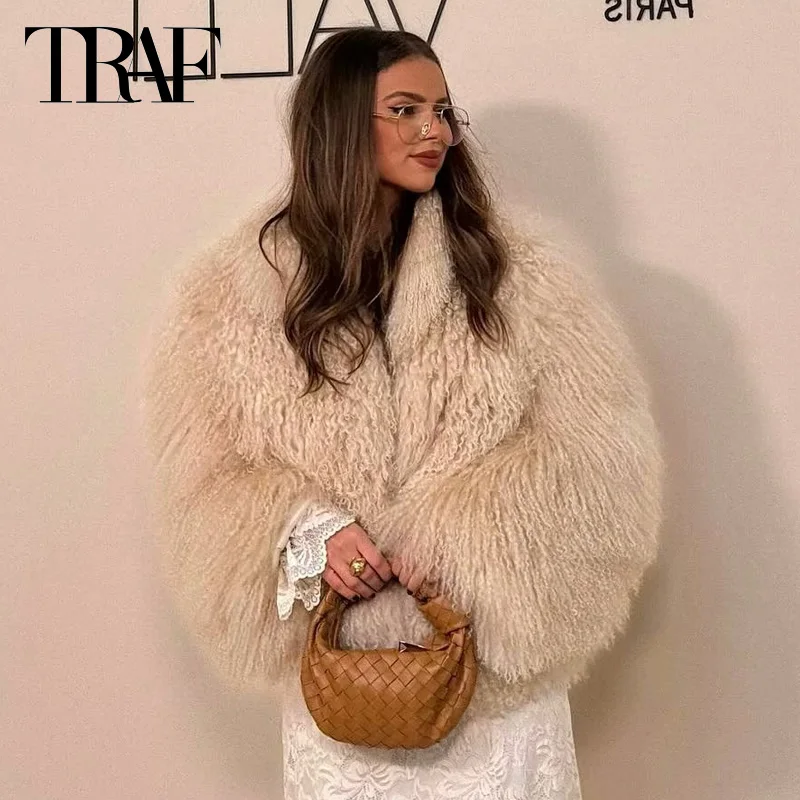 TRAF Fur Coat Women Crop Fluffy Jacket 2024 Woman Plush Long Sleeve Coat New In Outerwears Autumn Women Elegant Fashion Jackets