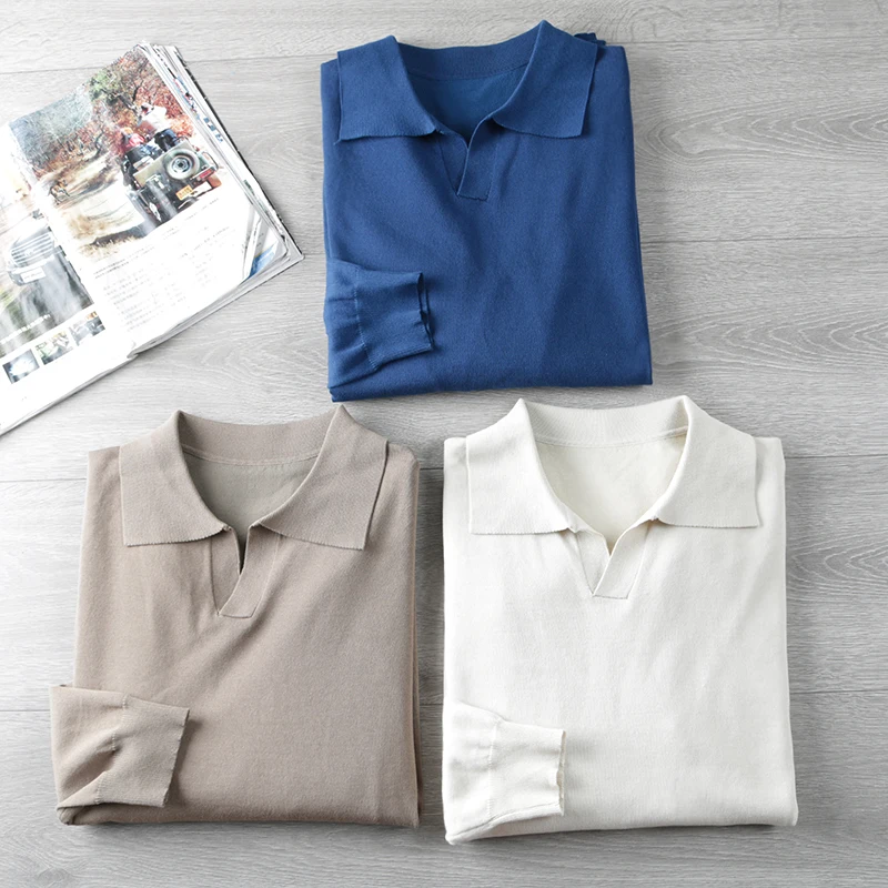 

Italian Luxury Thin Cuban Collar Pure Color Long Sve Knitted irt for Men Busin Sle Autumn Season Casual Wear