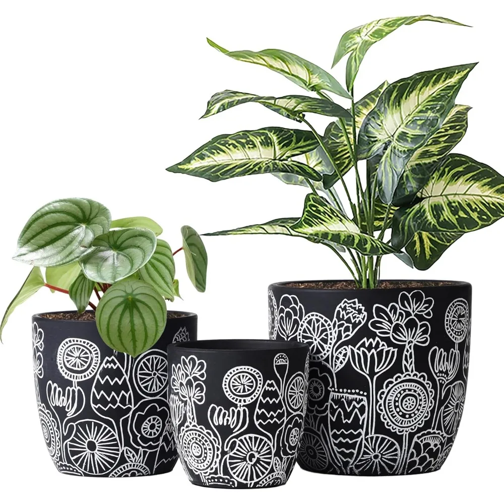 terracotta pots, 6.5+5+4.4 inch plant pots with drainage hole- floral pattern, black boho ceramic planters for indoor plants, fl