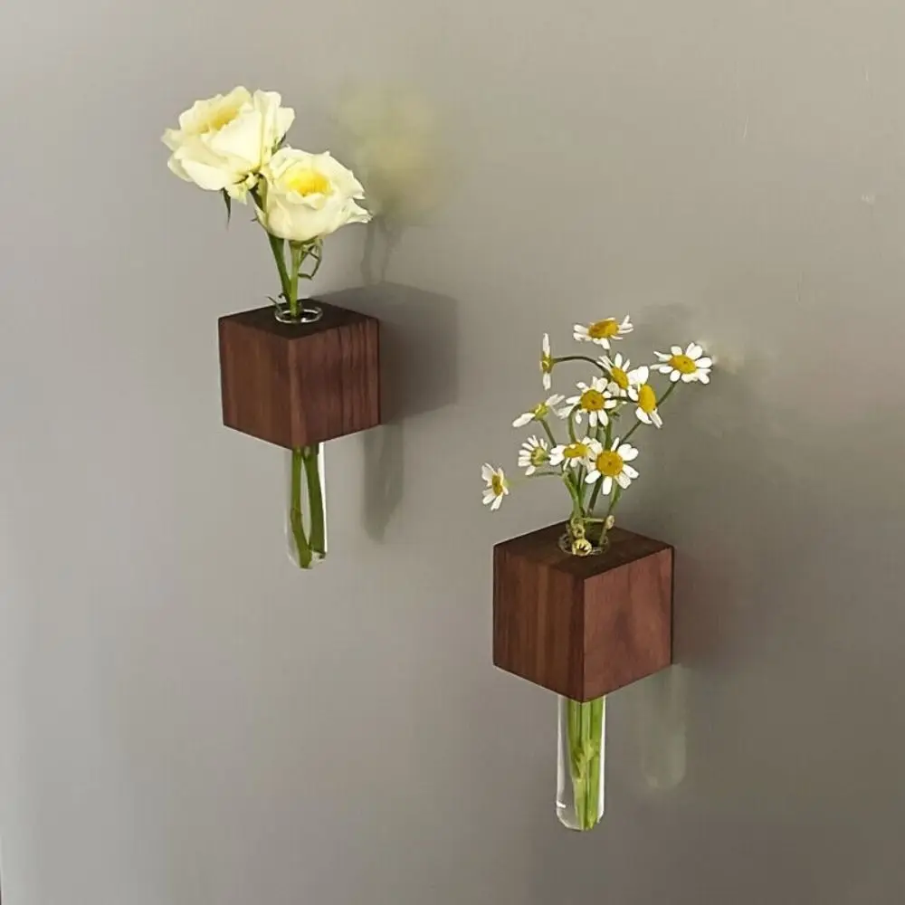 Wooden Test Tube Vase DIY Flower Arrangement Magnetic Simulation Flower Vase Refrigerator Sticker Home Kitchen Decoration