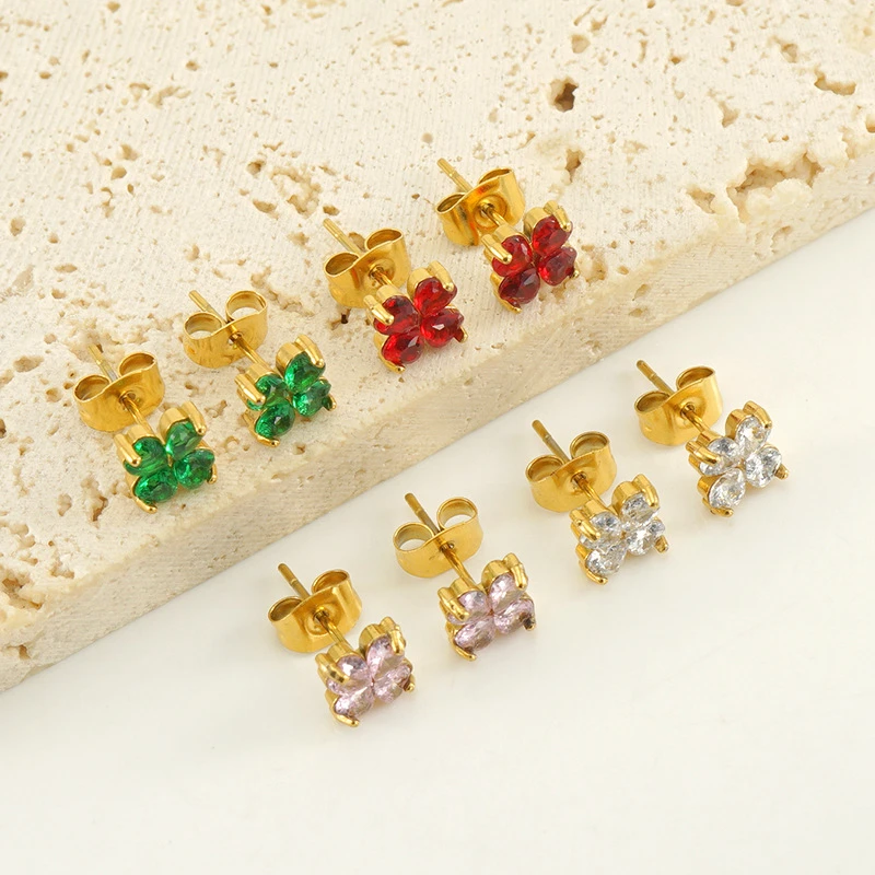 Stainless Steel Clover Gold Plated Lucky Earrings Personality Zircon Y2K Ear Studs For Girl Surprise Gift