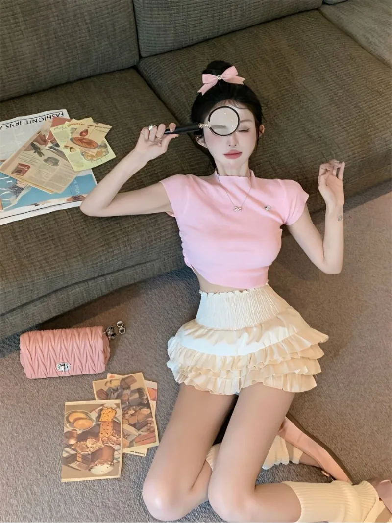 

Spicy Girl Sweet Round Neck T-shirt Top Cake Skirt Two Piece Set Women Korean Fashion Shirring Sequined Solid Slim Summer Suit