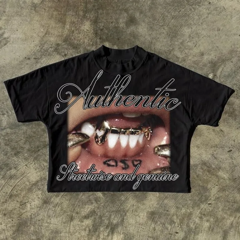 

Keep Yourself Real Retro Street Graphics Cotton Cropped T-Shirts Men Y2K Summer Vintage Oversize Tshirt Streetwear Women Tops