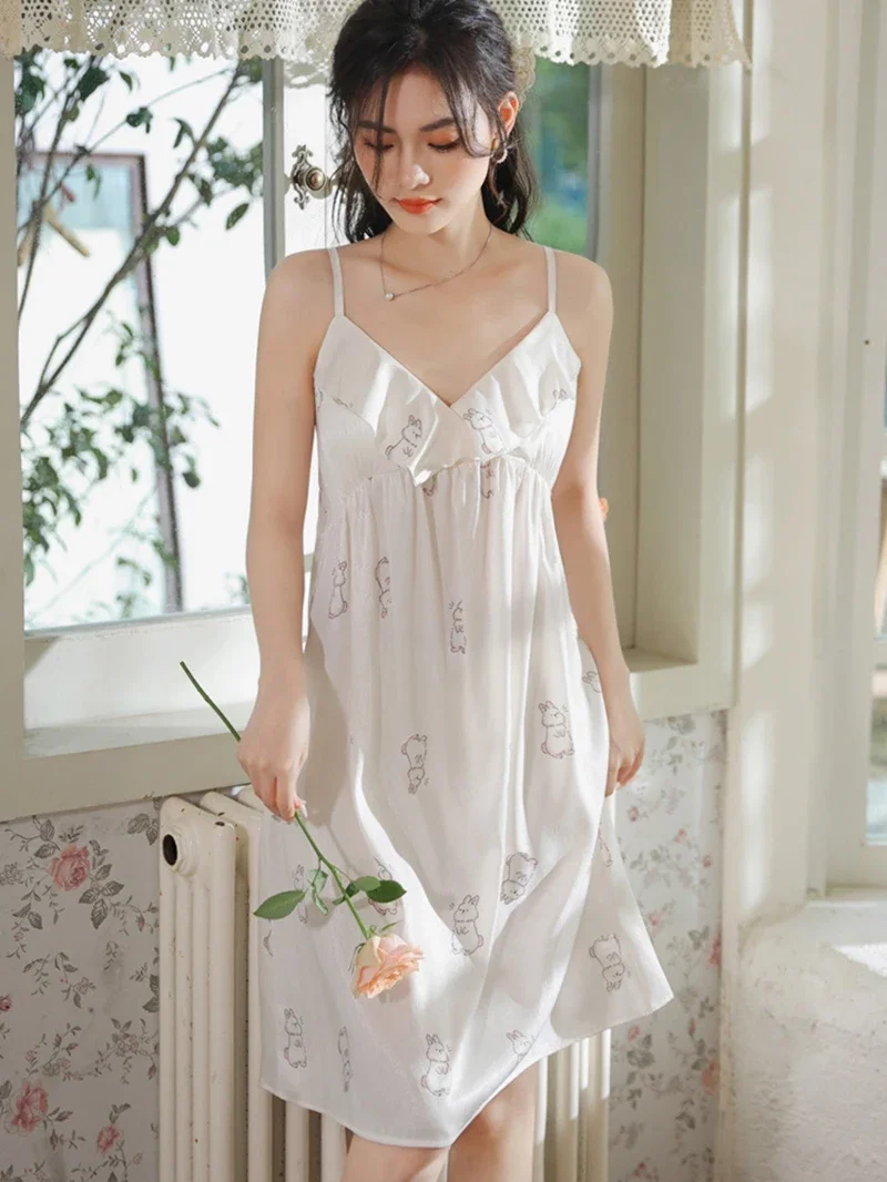 Spaghetti Strap Victorian Pajama Nightdress for Women Female Summer Print Lolita Silk Ruffles Nightgowns with Chest Pad Homewear