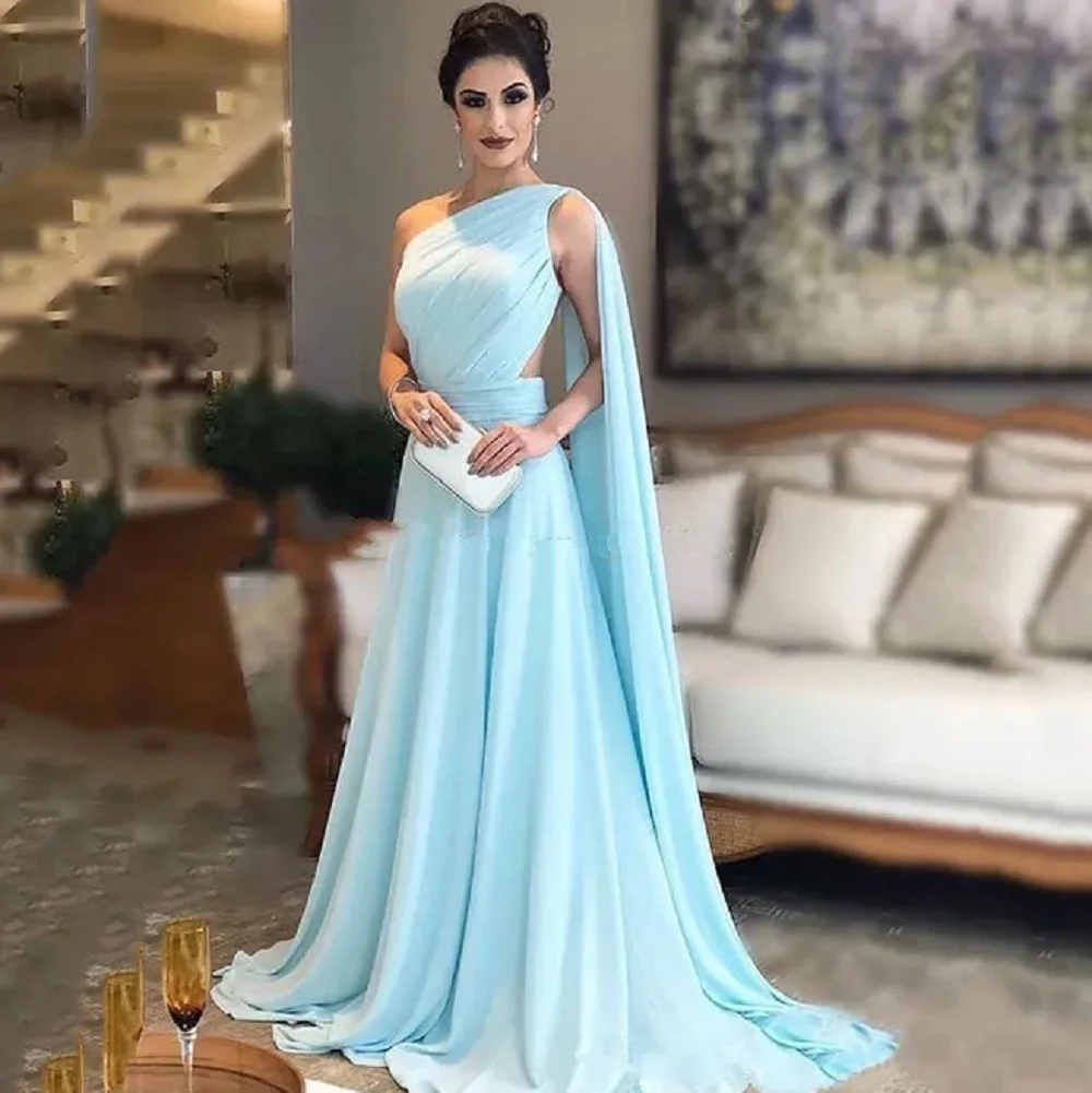 

Elegant Blue Long Saudi Arabic Mother of the Bride Dress One Shoulder Pleated Chiffon Prom Evening Gowns For Wedding Party