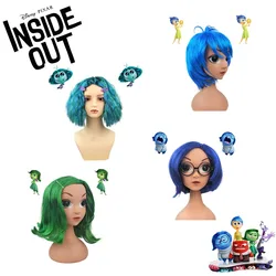 Disney Inside Out 2 Envy Joy Verdriet Walging Pruik Kort Blauw Krullend Warmte Haarstukje Maskerade Cosplay Pruik Cap met Waterdruppel Clip