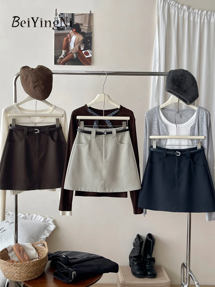 Beiyingni Koreańskie Eleganckie Krótkie Spódnice Damskie Casualowe Wyszczuplające Eleganckie Spódnice z Wysokim Stanem w Kształcie Litery A Uniwersalne Spódnice Garniturowe Damskie na Rok 2025
