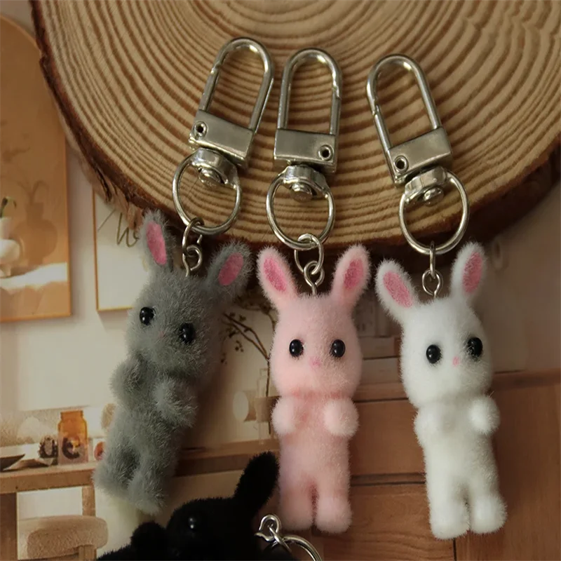 Cute 3D Flocking Bunny Keychain Cartoon Rabbit Couple Mobile Phone Pendant Car Keyring Earphone Backpack Charms Bag Decor