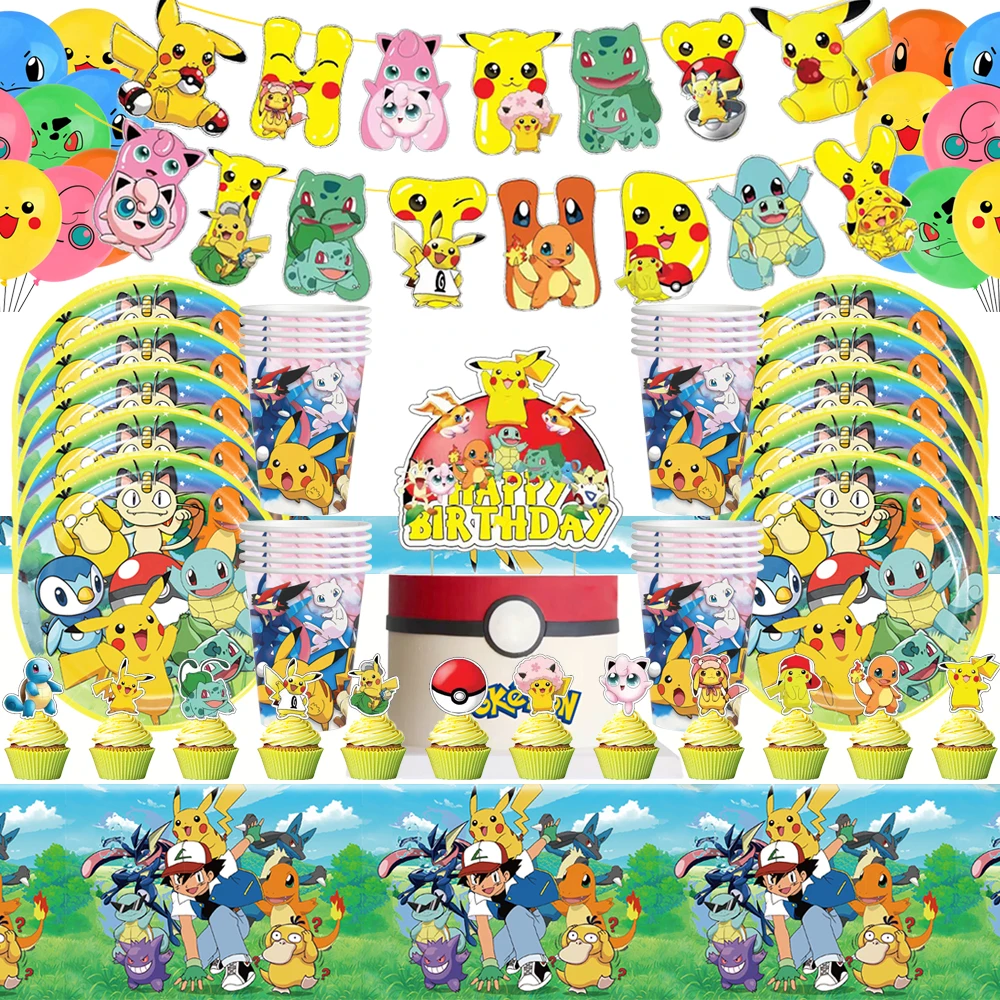 Pokemon Kindergeburtstagsparty Pikachu Anime-Charakter Cartoon-Geschirr Pappbecher Teller Kuchendekoration für Jungen Mädchen Party-Deko – Detail 3