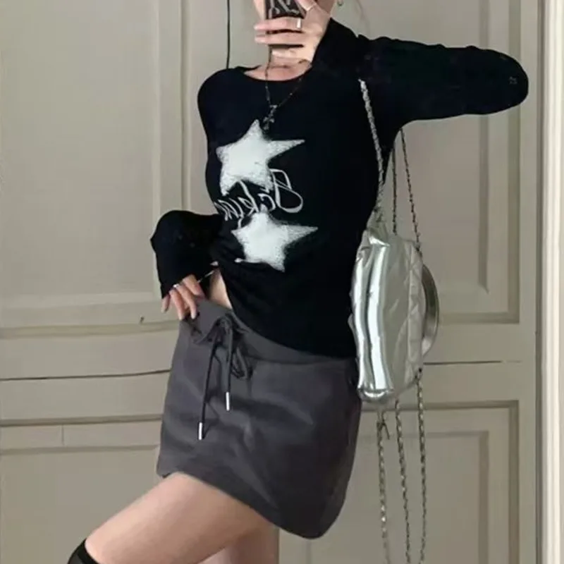 Star English Top Girls Y2K Printed American Retro Splicing Threaded T-shirt Women Autumn Bottom Shirt Hot Girl Long Sleeve Top