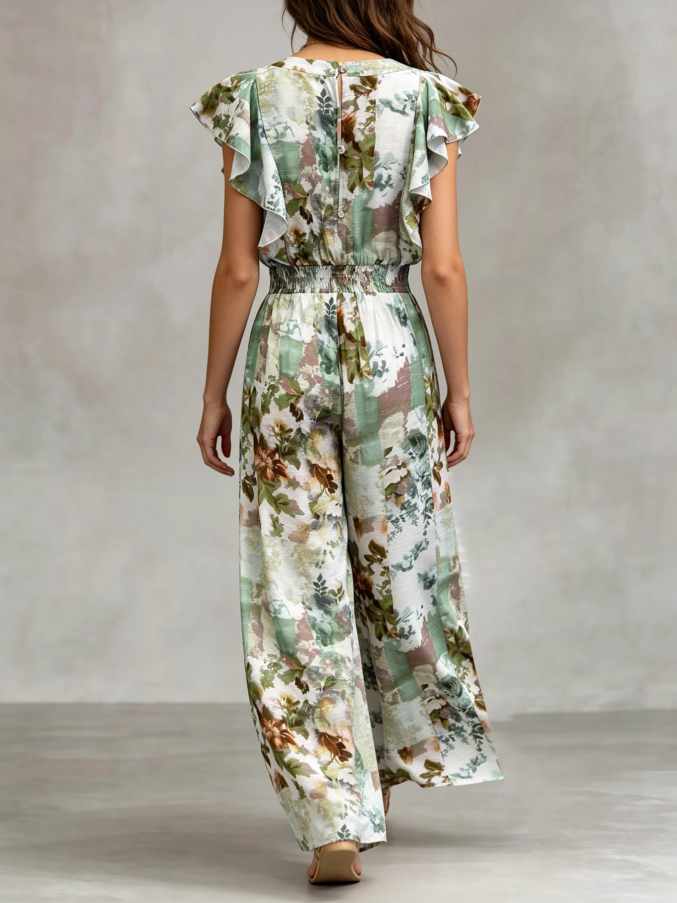 Blue White Ikat Print Sleeveless Square Neck Ruched Elastic Waist Palazzo Jumpsuit For Women