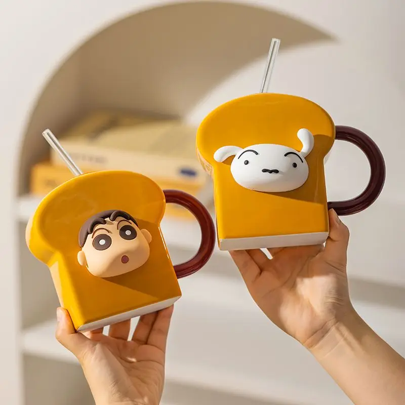 Cute Cartoon Kawaii Genuine Bread Crayon Shin-chan Ceramic Mug with Lid Straw Cup Birthday Gift Drinking Cup 250ML