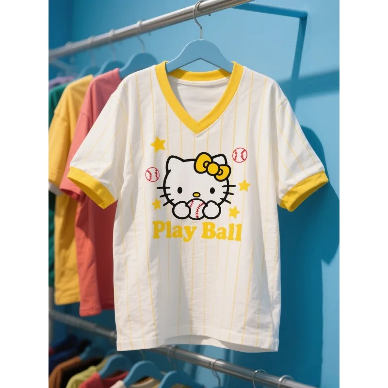 

Футболка MOTO-Mody Hello Kitty, футболка в полоску с V-образным вырезом для взрослых, бестселлер Aliexpress с бейсбольным мотивом