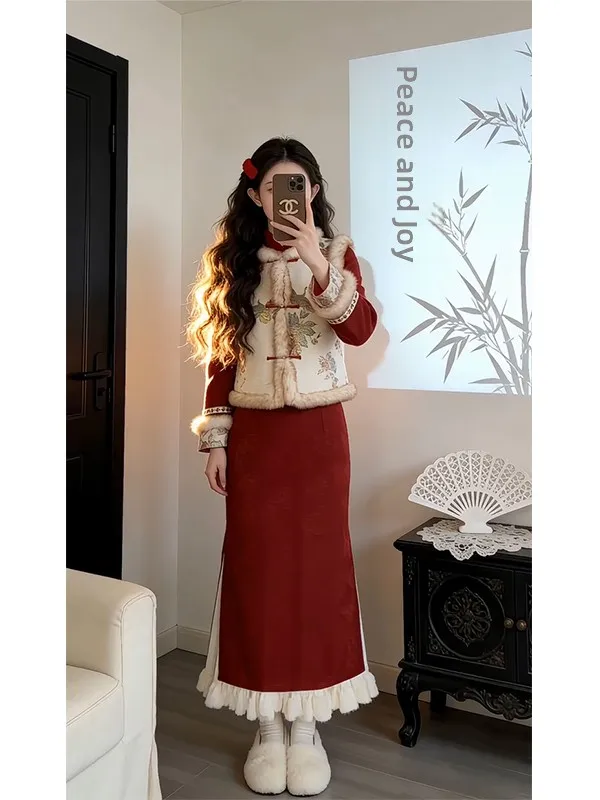 

Красный зимний комплект в китайском национальном стиле с цветочным принтом, высокой талией и длинными рукавами, новинка