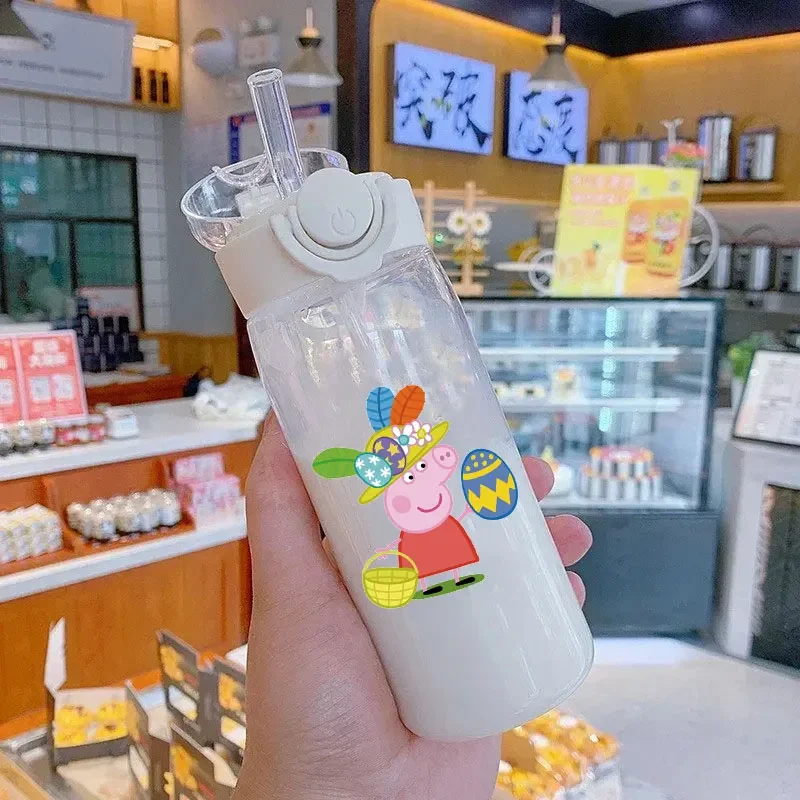 Peppa Pig Straw Bottles Cups 600\400ML Drinking George Pig Children's Transparent Portable Anti Drop Water Bottle PC Material