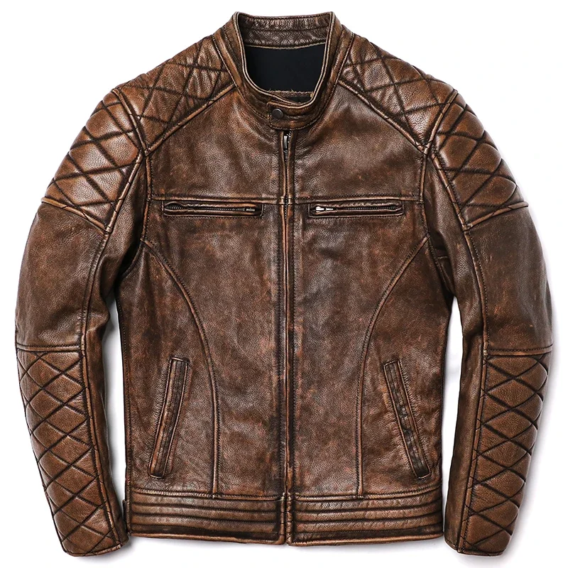 2025 New Camel Vintage Biker Leather Jacket Men's 100% Natural Genuine Cowhide Slim Fit Motorcycle Jackets Coat Size S-5XL